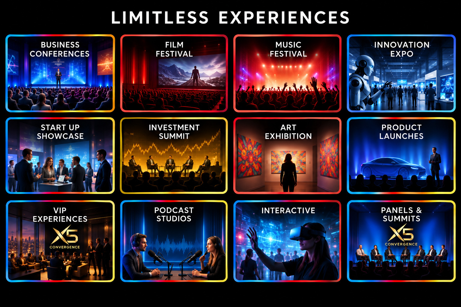 Limitless Experiences: Business Conferences, Film Festival, Music Festival, Innovation Expo, Start Up Showcase, Investment Summit, Art Exhibition, Product Launches, VIP Experiences, Podcast Studios, Interactive, Panels & Summits.